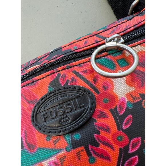 Fossil Keyper Mini Crossbody Bag Floral Coated Canvas Flap Front Black Orange - Picture 4 of 8